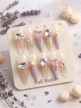 Lilac & Cream Crystal Bow Press-On Nails